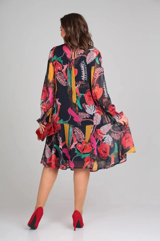 Women’s Modern Floral Tie-Back Midi Dress