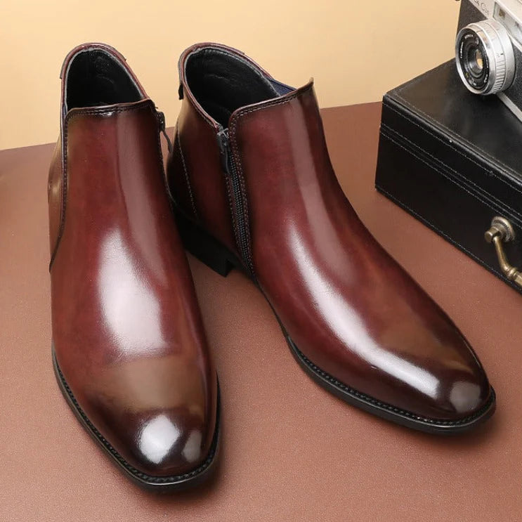 Men’s Glossy Leather Side-Zip Cushioned Ankle Boots