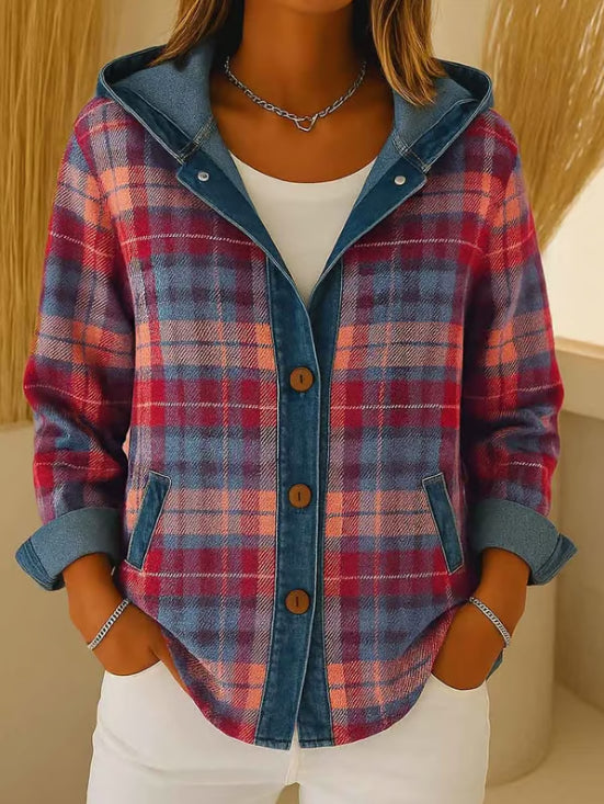 Women’s Contrast Check Hooded Denim Jacket