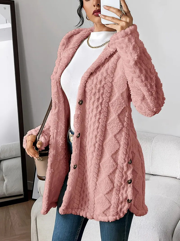 Plush Diamond-Pattern Hooded Cardigan