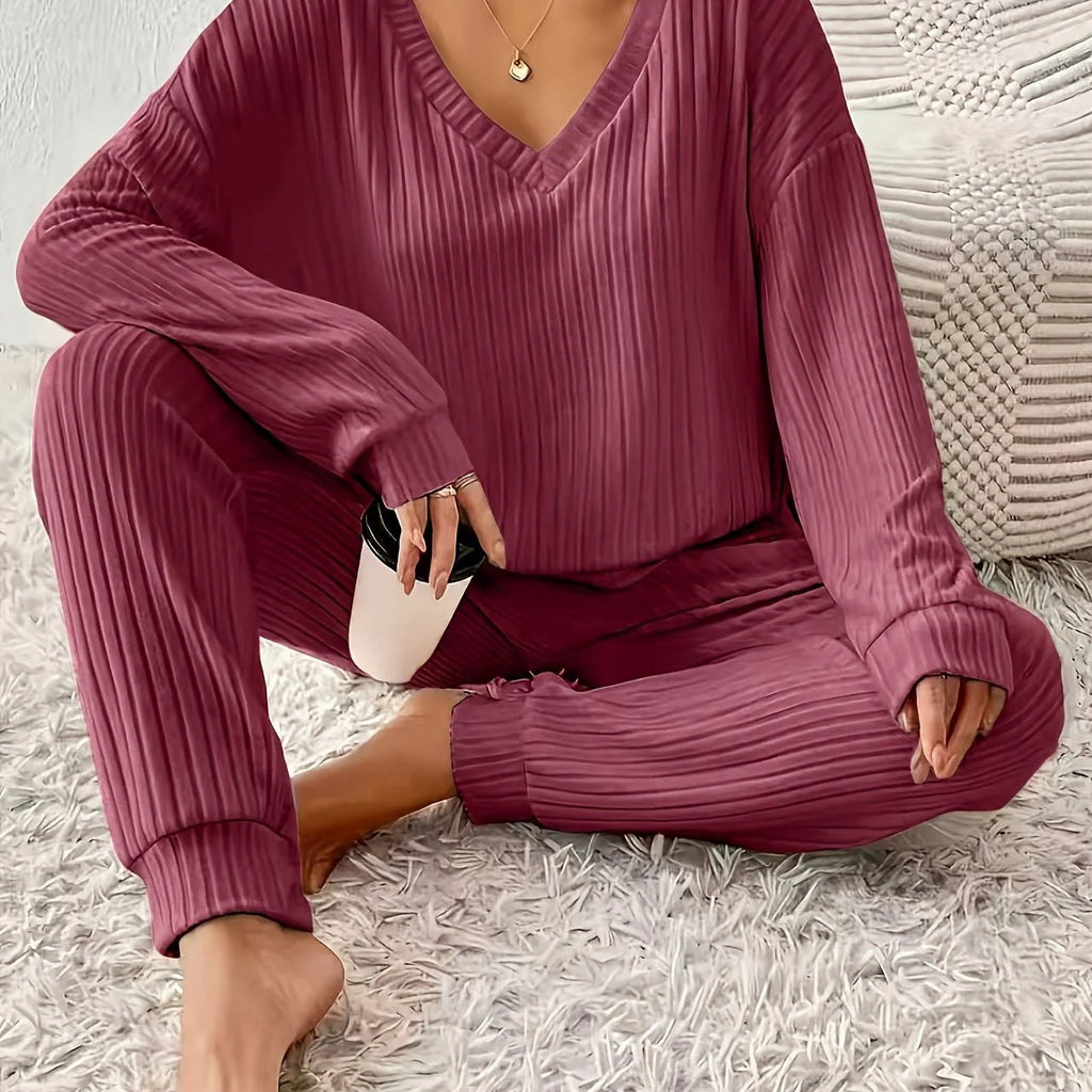 Women’s Soft Ribbed V-Neck Jogger Lounge Set