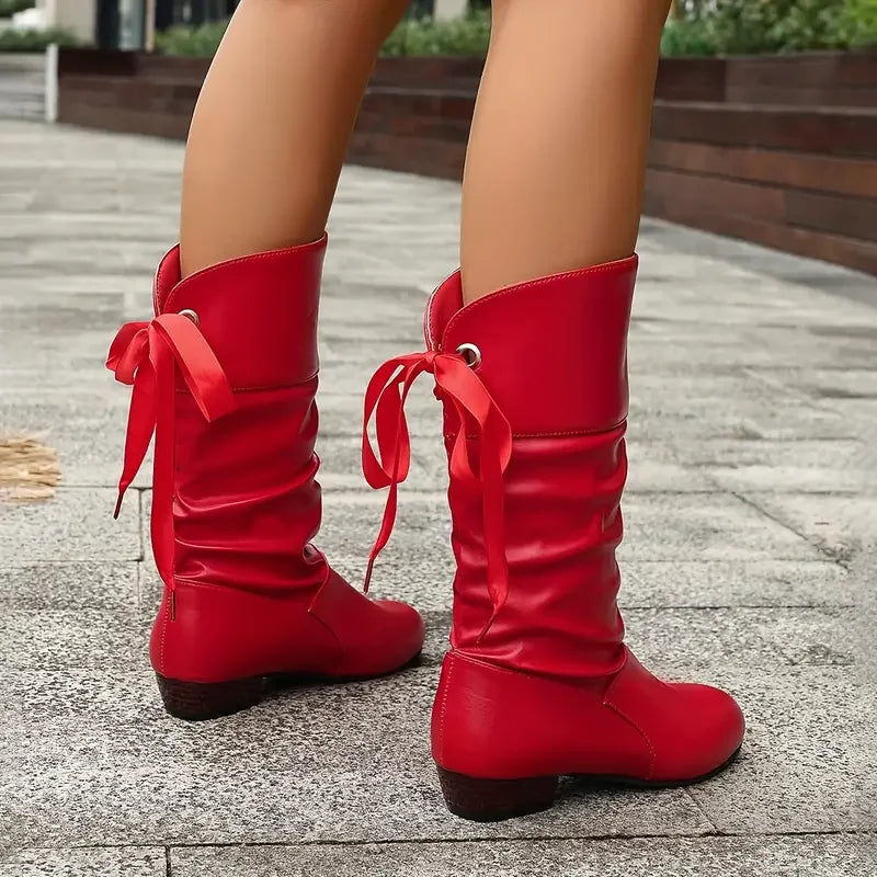 Women's Fashion Lace Up Chunky Heel Mid Calf Boots