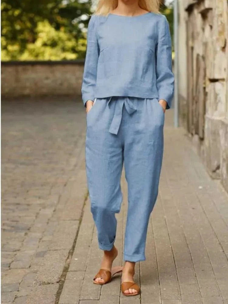 Women’s Linen-Cotton Two-Piece Set – Blouse & Trousers