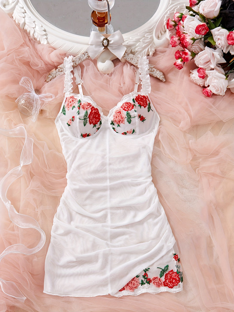 Women’s Floral Lace Mesh Strap Mini Dress