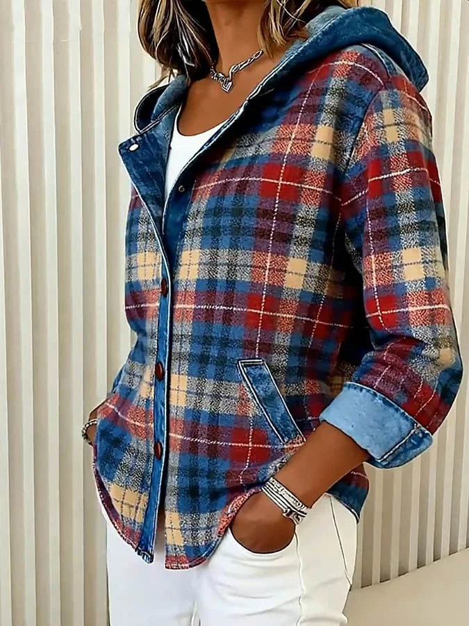 Women’s Contrast Check Hooded Denim Jacket