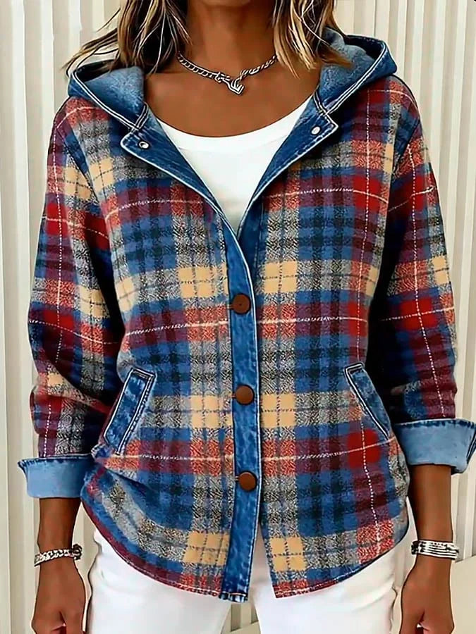 Women’s Contrast Check Hooded Denim Jacket
