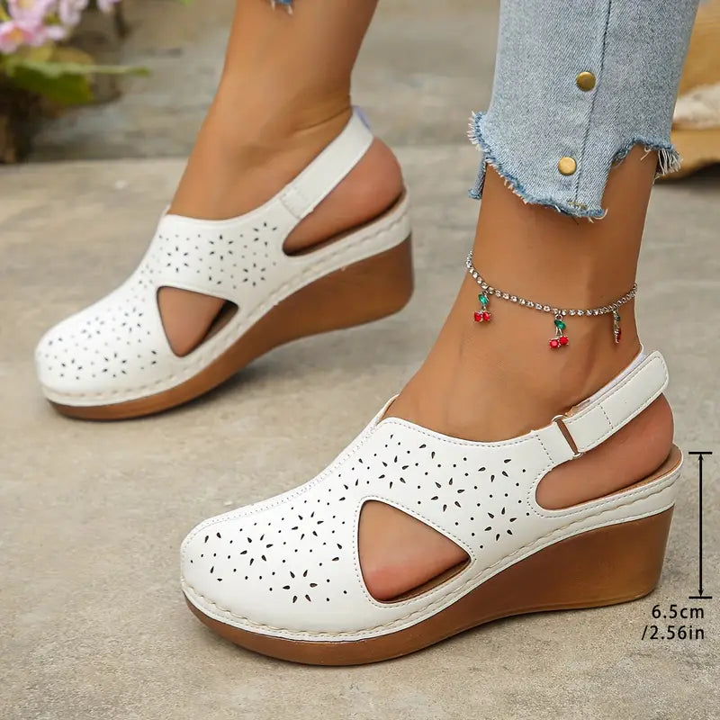 White Cut-Out Slingback Wedge Sandals