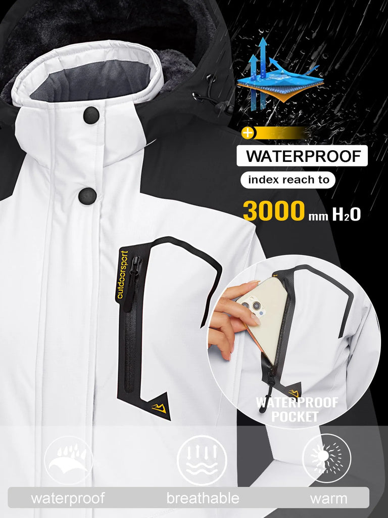Women’s Waterproof Fleece-Lined Ski Jacket with Detachable Hood