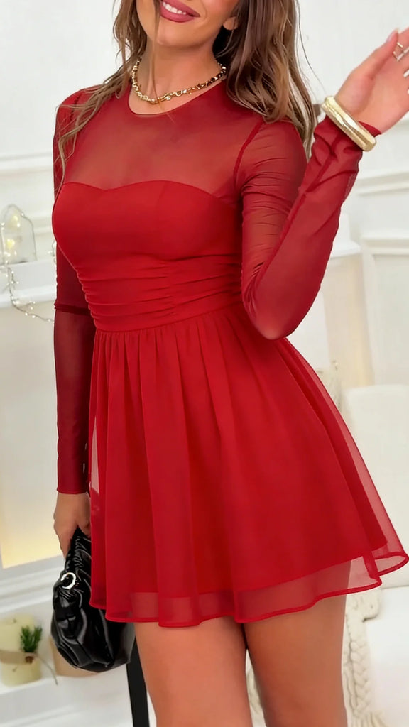 Women’s Patchwork Mesh Mini Dress with Sheer Long Sleeves