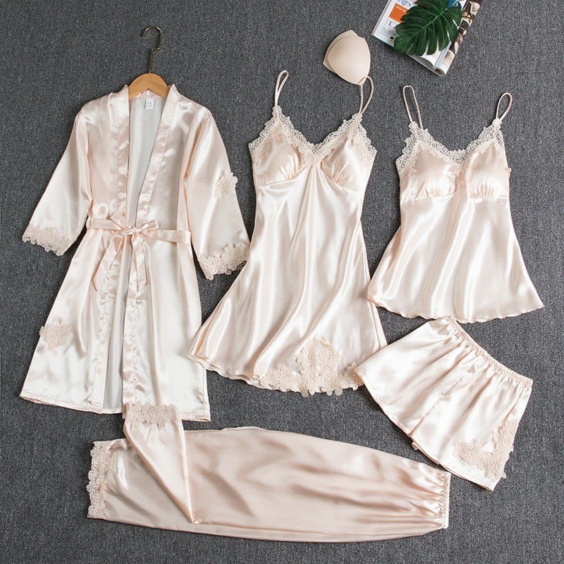 Women’s Silky Lace-Trim 5-Piece Nightwear Set