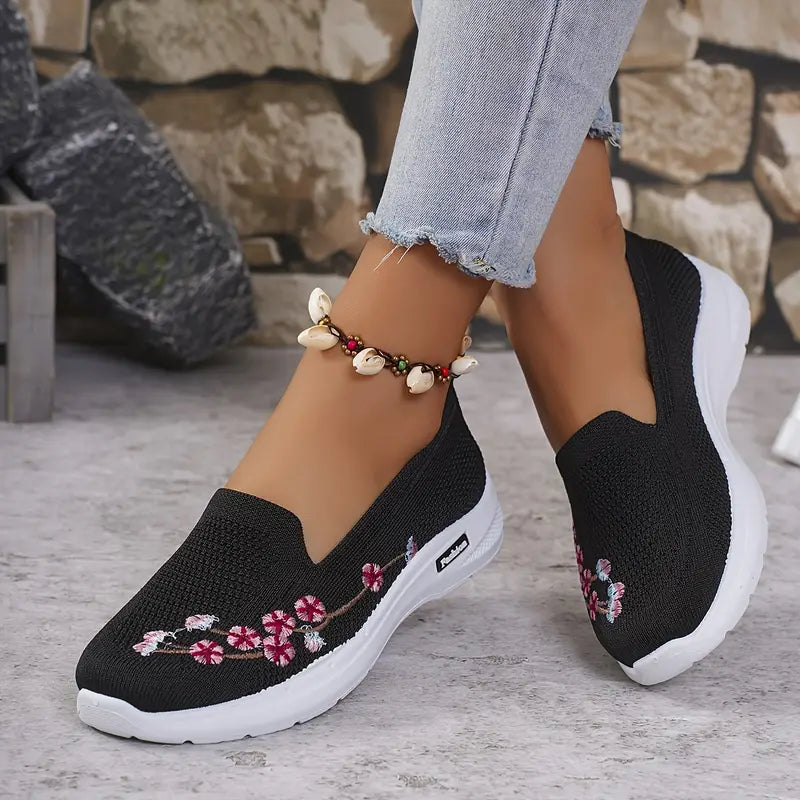 Women's Knit Walking Shoes - Embroidered & Slip-On