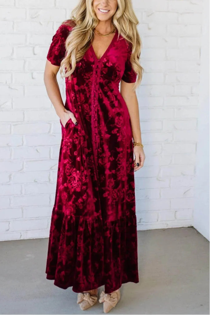 Women’s Embossed Velvet Button-Front Lace-Trim Maxi Dress
