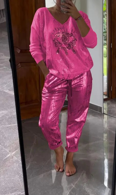 Women’s Metallic Lounge Two Piece Set with V Neck Top