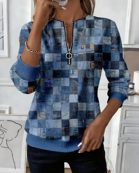 Women’s Mid-Length Plaid Zip-Neck Sweatshirt