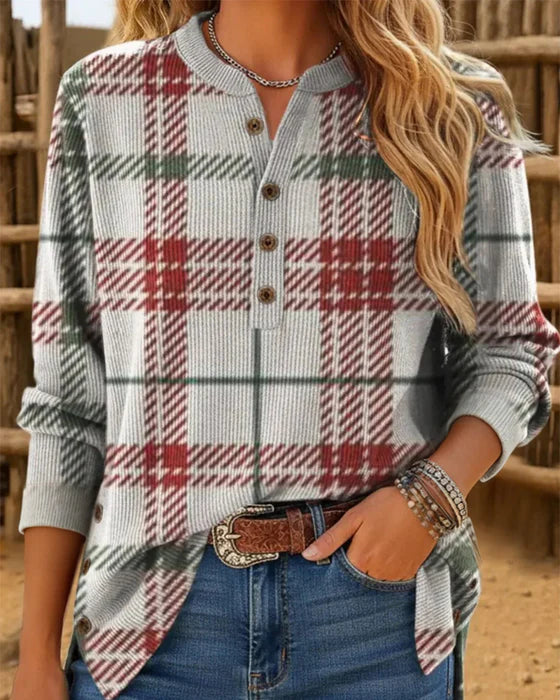 Women’s Plaid Button-Detail Sweatshirt