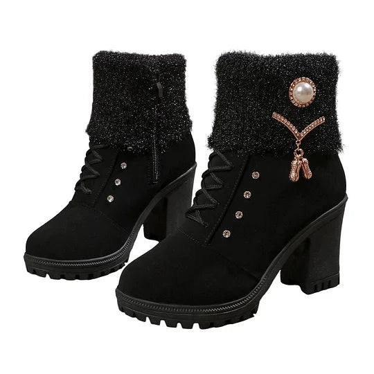 Women’s Warm Chunky Heel Crystal Trim Ankle Boots