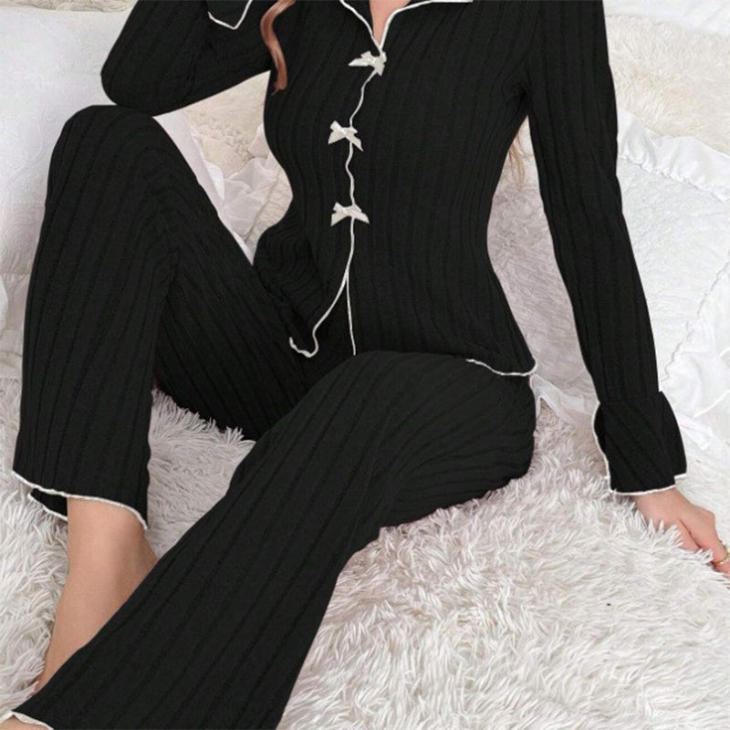 Women’s Ribbed Knit Bow-Detail Lapel Pyjama Set