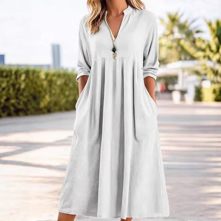 Women’s Relaxed Cotton-Linen V-Neck Pocket Midi Dress