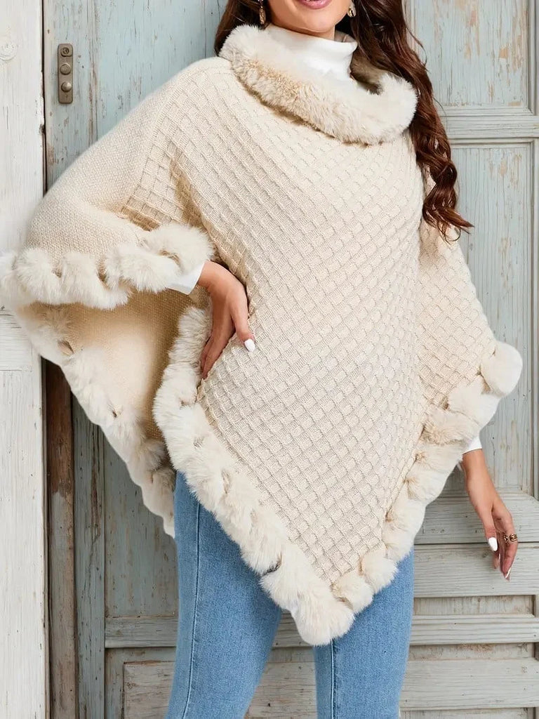 Women’s Faux-Fur Trim Knitted Winter Poncho Scarf