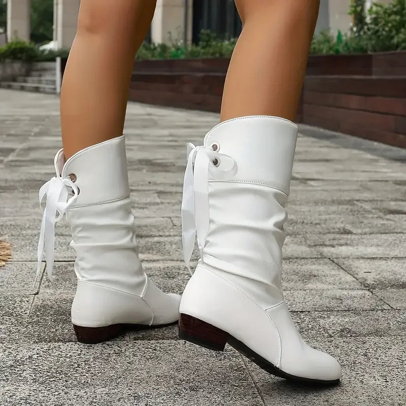 Women's Fashion Lace Up Chunky Heel Mid Calf Boots