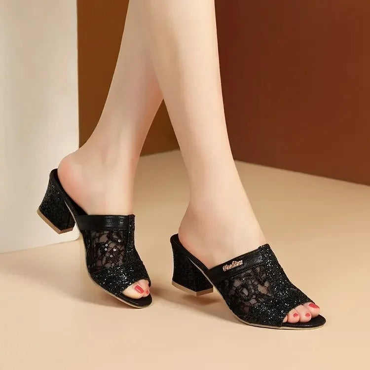 Women's Golden Lace Square Heel Sandals