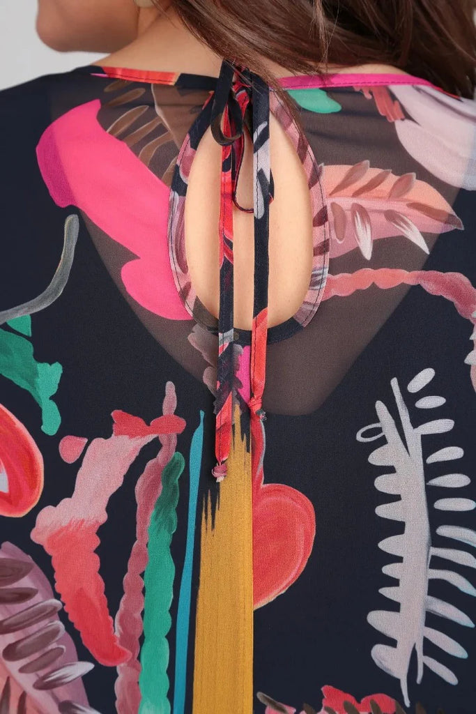 Women’s Modern Floral Tie-Back Midi Dress