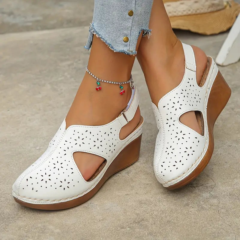 White Cut-Out Slingback Wedge Sandals