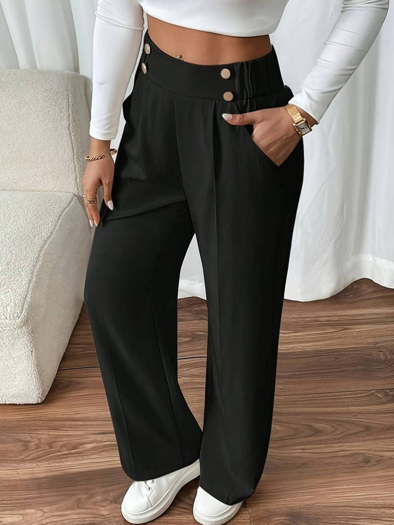 Women’s High-Waist Straight-Leg Office Trousers with Button Detail