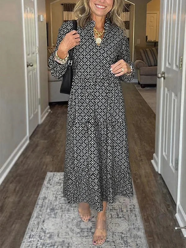 Women's V Neck Vintage Printed Maxi Dress
