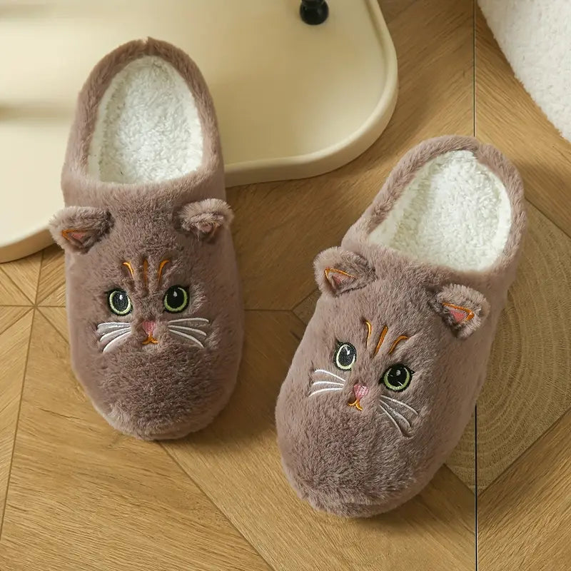Women’s Cat Face Plush Fleece-Lined House Slippers