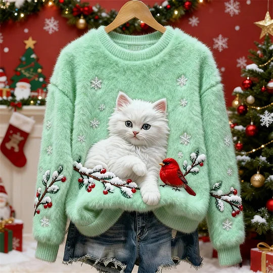 Women’s Festive Cat & Bird Flannel Christmas Sweater