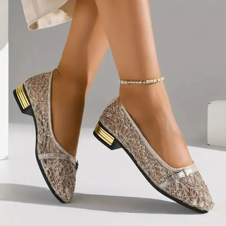 Women’s Sparkle Mesh Lace Loafers with Low Block Heel