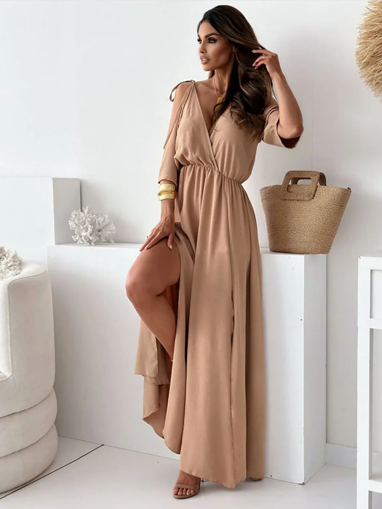 Women’s Off Shoulder V Neck Maxi Dress with High Slit
