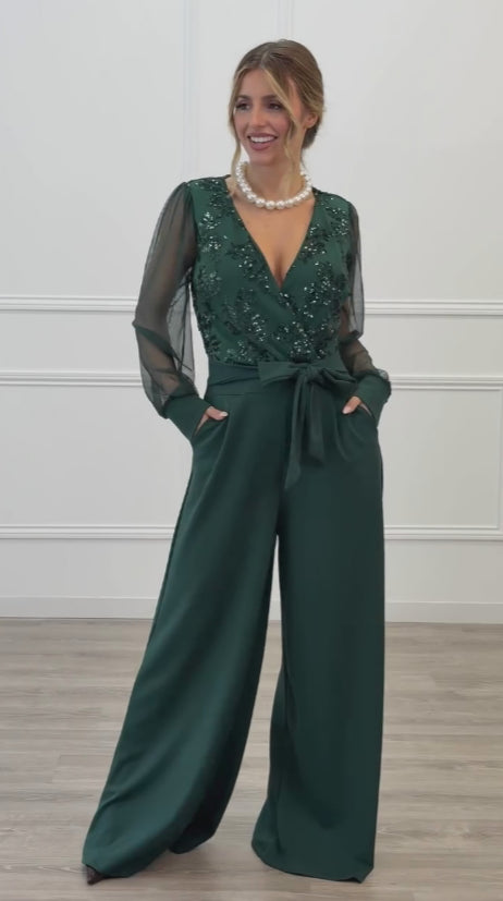 Women’s Sequin-Embellished Long Sleeve Mesh Jumpsuit