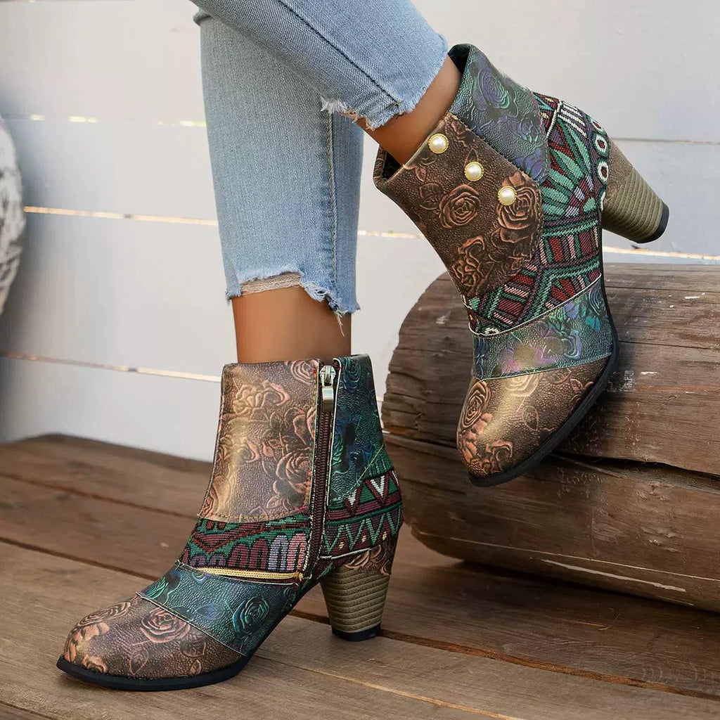 Women’s Patchwork Print Side Zip Ankle Boots