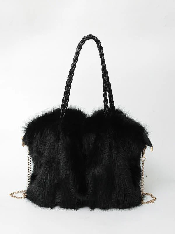 Sac cabas bandoulière en fausse fourrure avec anse tressée pour femme