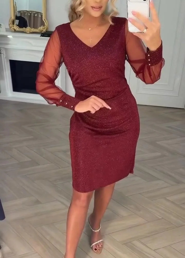 Women’s Sparkly V-Neck Mesh Sleeve Knee-Length Dress