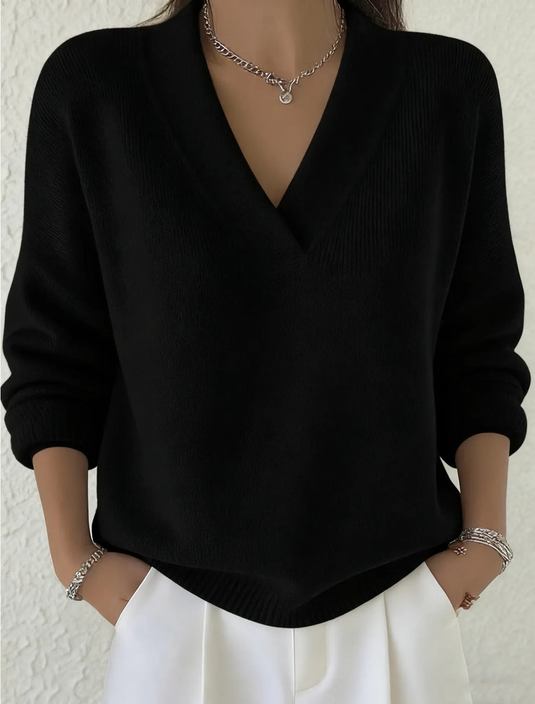 Women’s Relaxed Solid V-Neck Cotton Over-Hip Sweater
