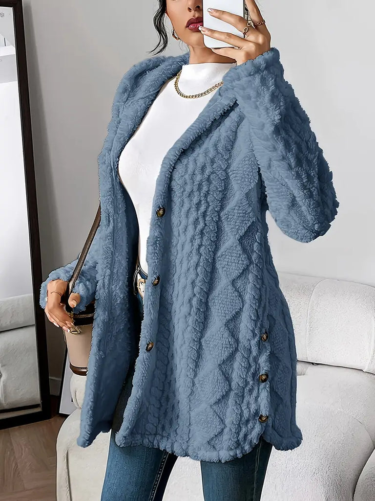 Plush Diamond-Pattern Hooded Cardigan