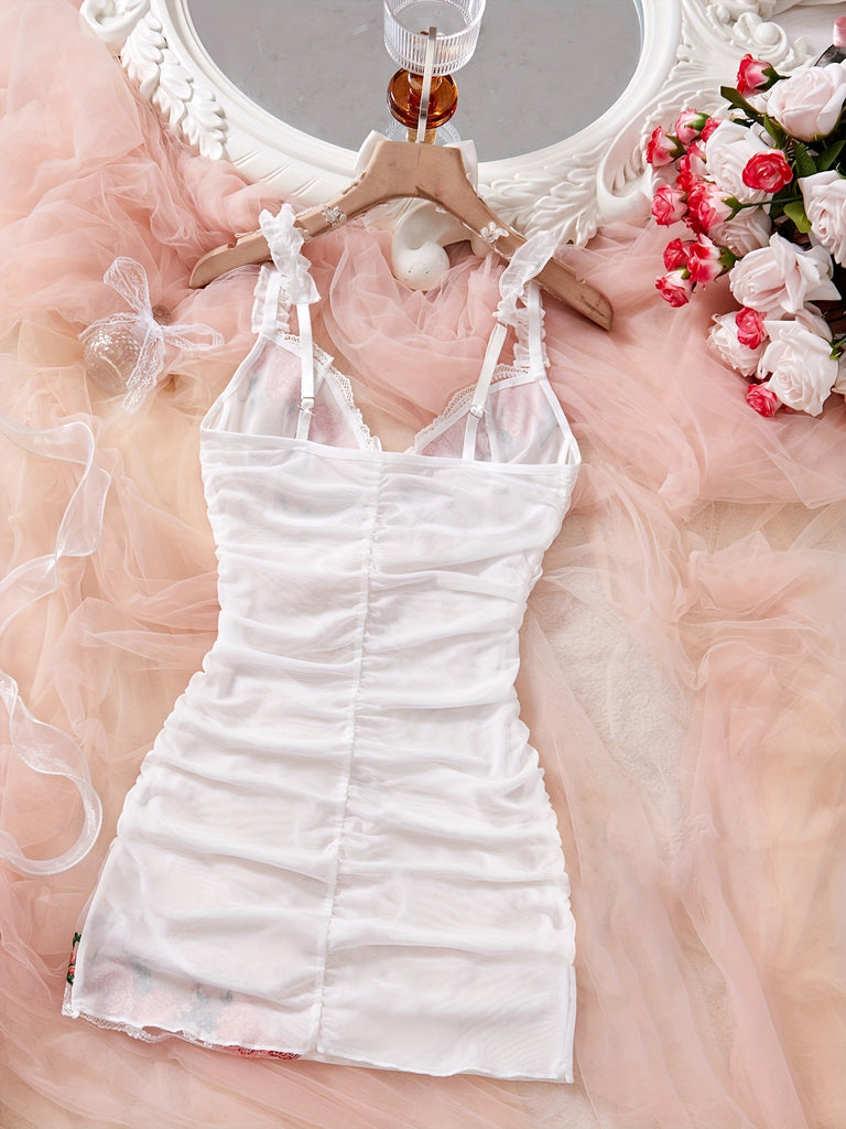 Women’s Floral Lace Mesh Strap Mini Dress