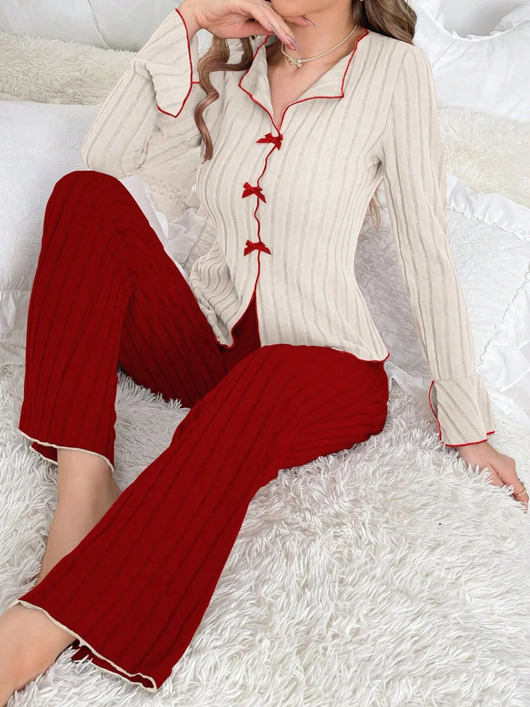 Women’s Ribbed Knit Bow-Detail Lapel Pyjama Set