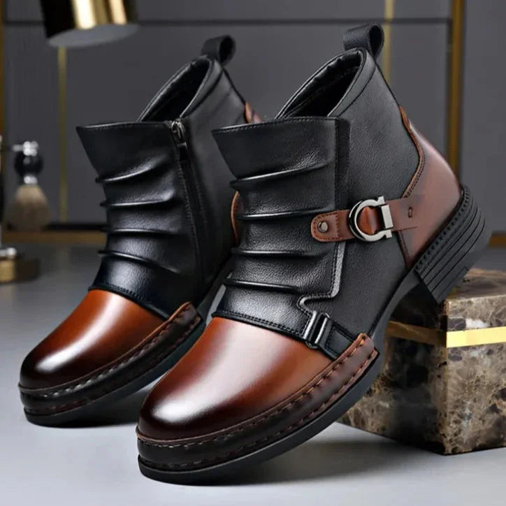 Men’s Genuine Leather Buckle-Detail Ankle Boots