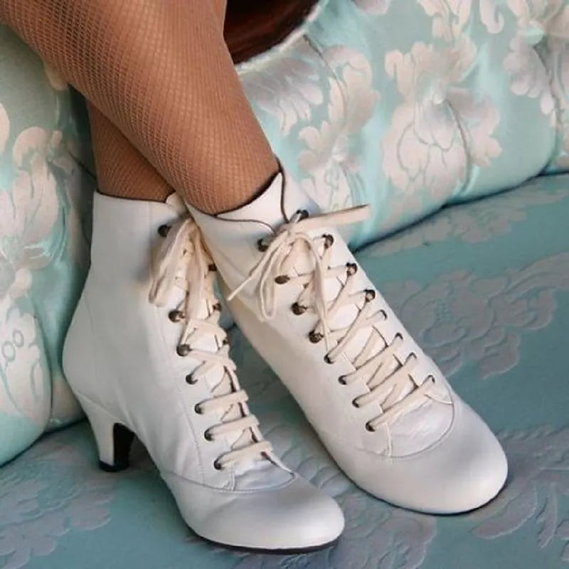 Women's White Lace-Up Victorian Ankle Boots