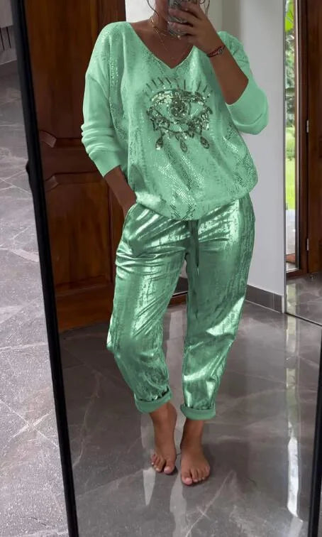 Women’s Metallic Lounge Two Piece Set with V Neck Top