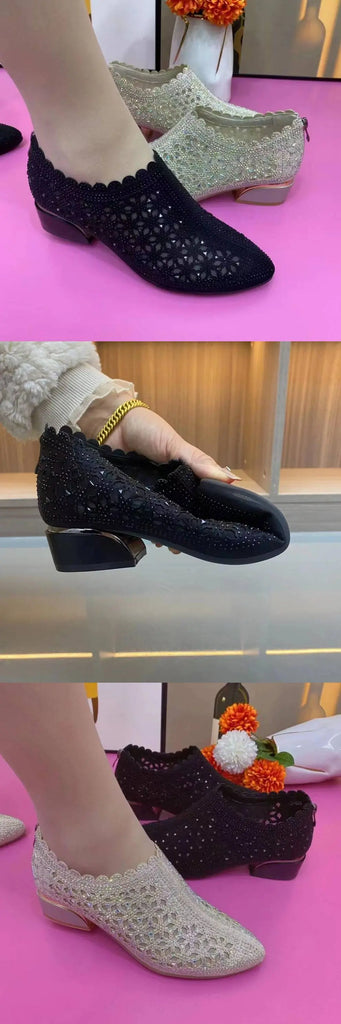 Women’s Autumn Mesh Sparkle Thick-Heel Slip-On Shoes