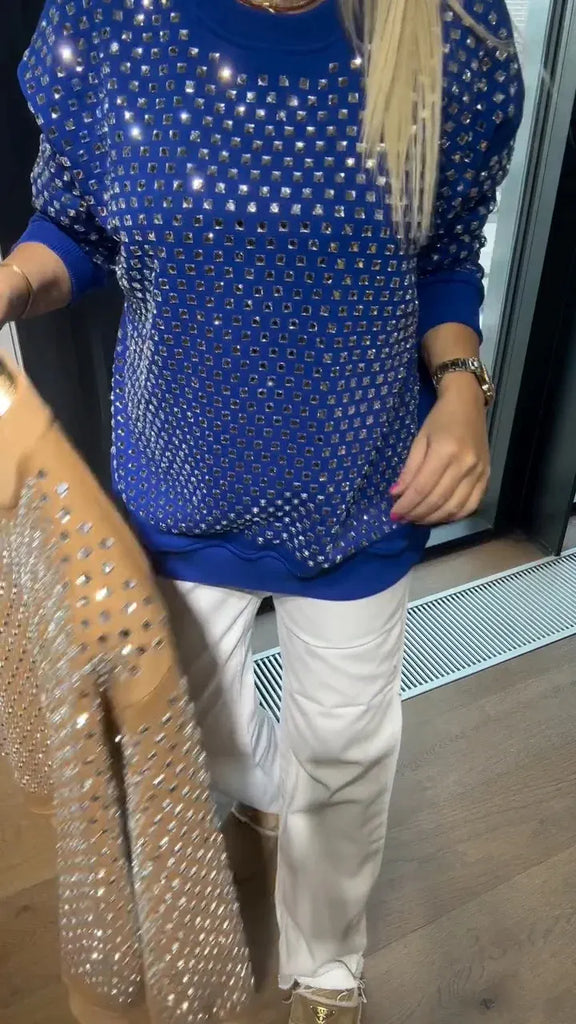 Women’s All-Over Rhinestone Crew Neck Casual Sweatshirt