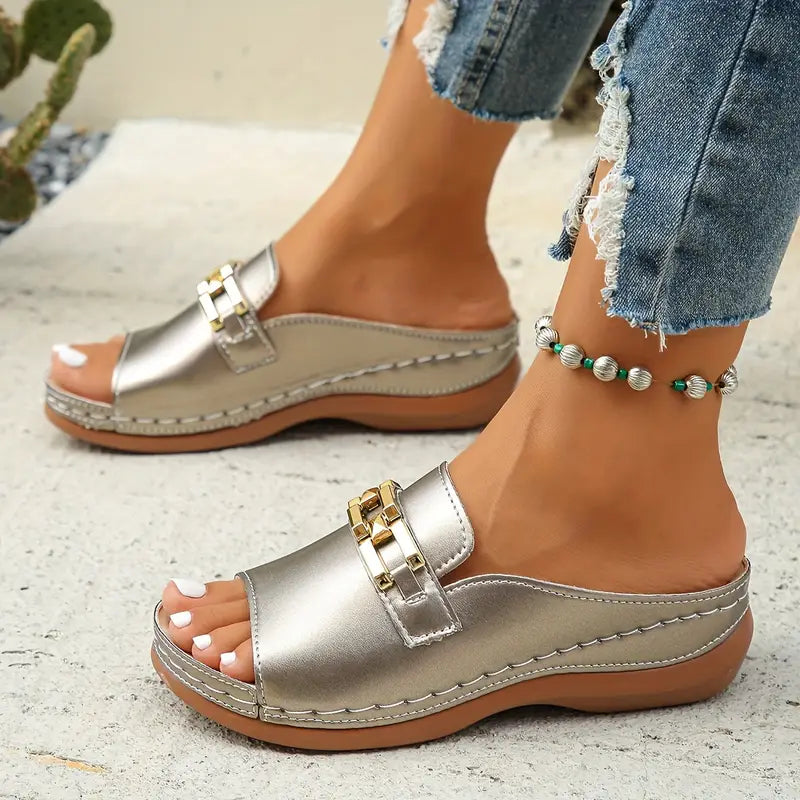 Plus Size Thick-Sole Sandals - Pink Slope Heel, Slip-Resistant