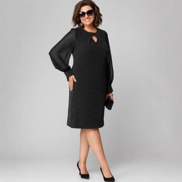 Women’s Sheer-Sleeve Shimmer Shift Dress