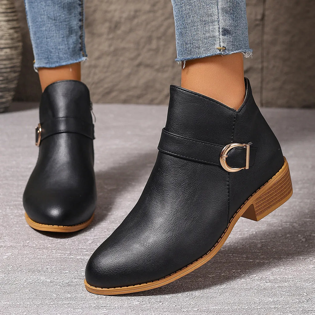 Women's Comfortable Chunky Heel Leather Ankle Boots
