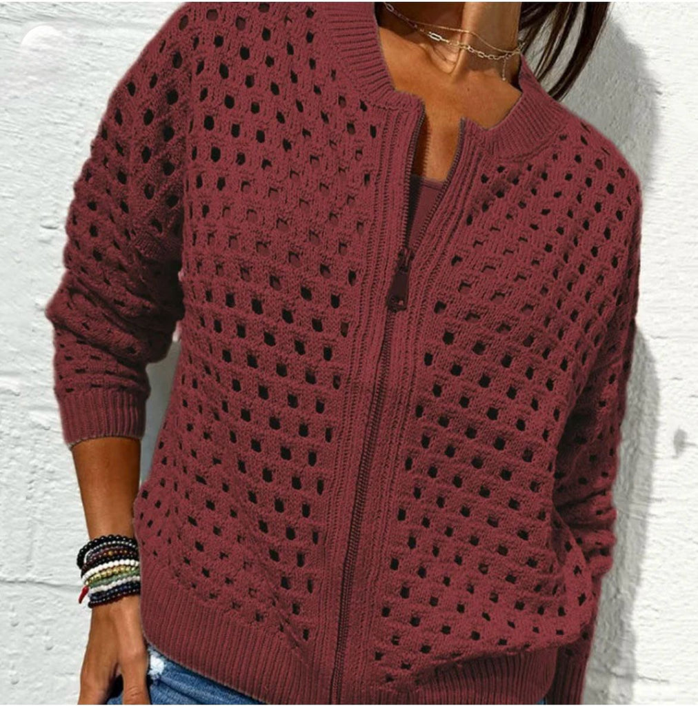 Women's Casual Zipper Knit Jacket with Hollow Design